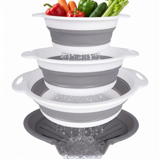 🥗 3-Piece Collapsible Colander Set with Draining Base – Space-Saving Kitchen Strainers for Fruits, Pasta & Vegetables