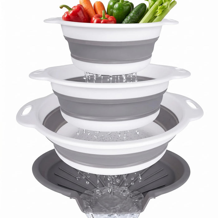 🥗 3-Piece Collapsible Colander Set with Draining Base – Space-Saving Kitchen Strainers for Fruits, Pasta & Vegetables
