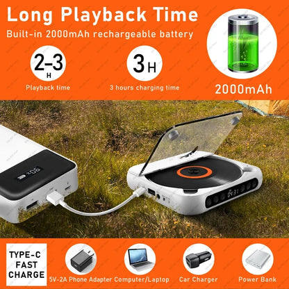 💿50% OFF | Retro Portable Bluetooth 5.3 CD Player – Lossless Clear Sound, 2000mAh Rechargeable Battery, Play All CD & MP3 Discs!